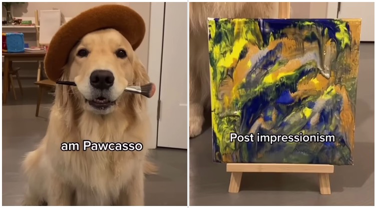 Golden retriever painting a picture with the help of a zip-bag and peanut butter