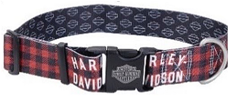 A red and black dog collar from the brand Harley Davidson 