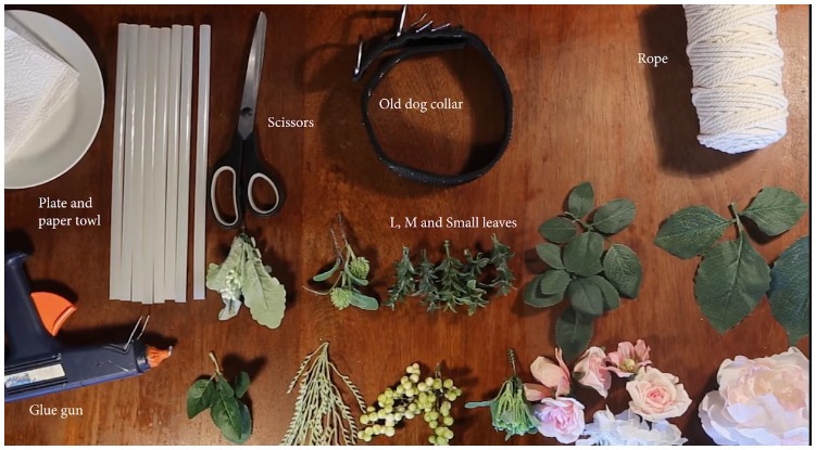 All the things that you will need for a flower dog collar