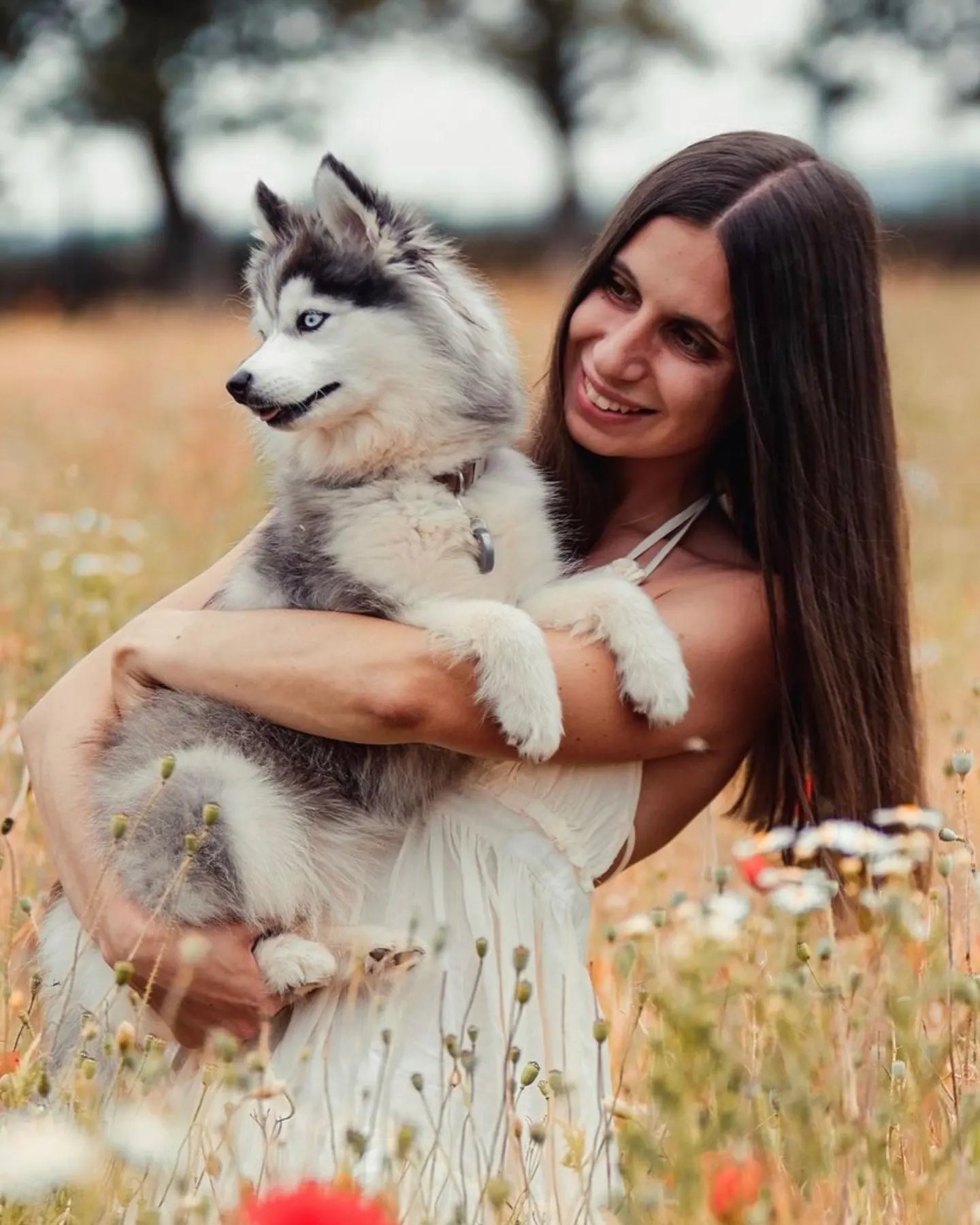 A woman holding her Pomsky dog